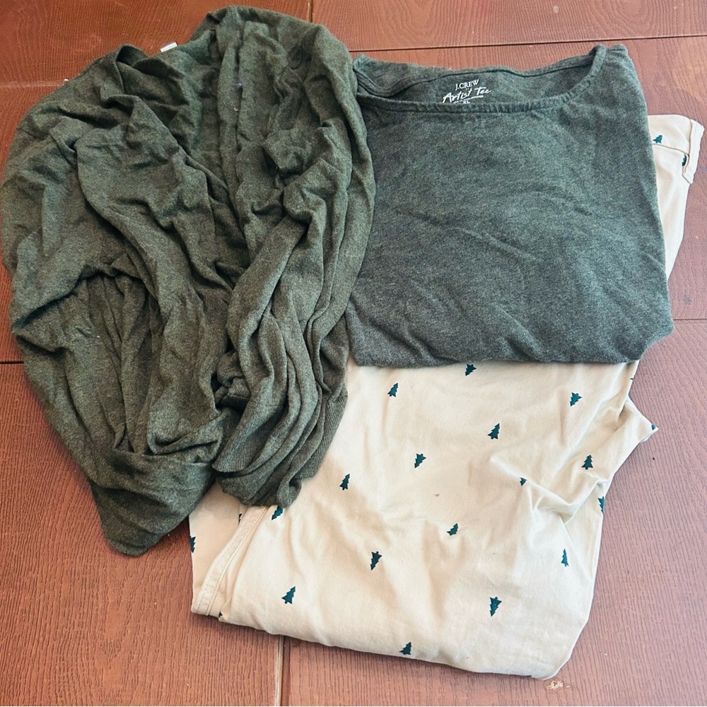J Crew Khaki Evergreen Tree Print Pants. Size 8, NWT. Matching Cardigan Set too.